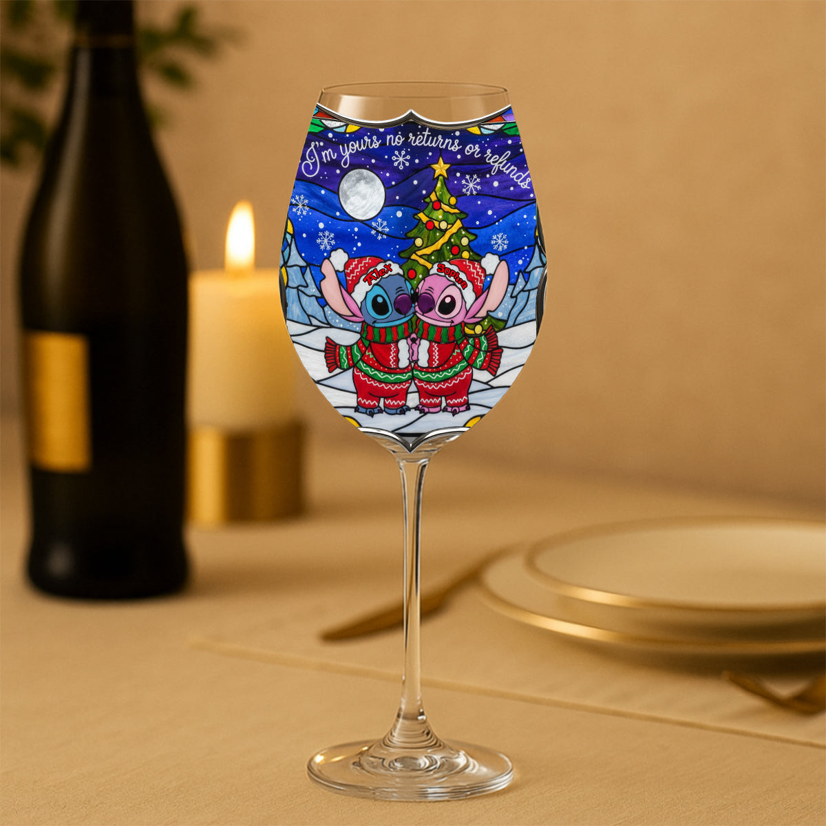 Playful Holiday Alien Love - Personalized Ohana Wine Glass With Long Stem