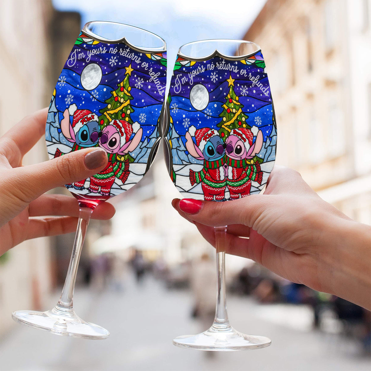 Playful Holiday Alien Love - Personalized Ohana Wine Glass With Long Stem