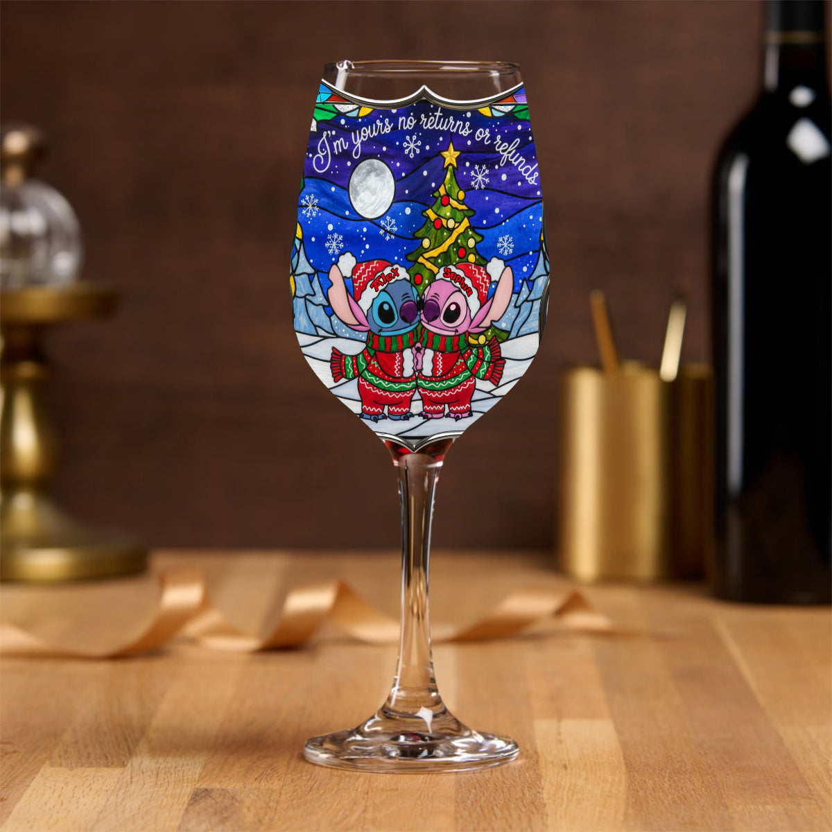 Playful Holiday Alien Love - Personalized Ohana Wine Glass With Long Stem