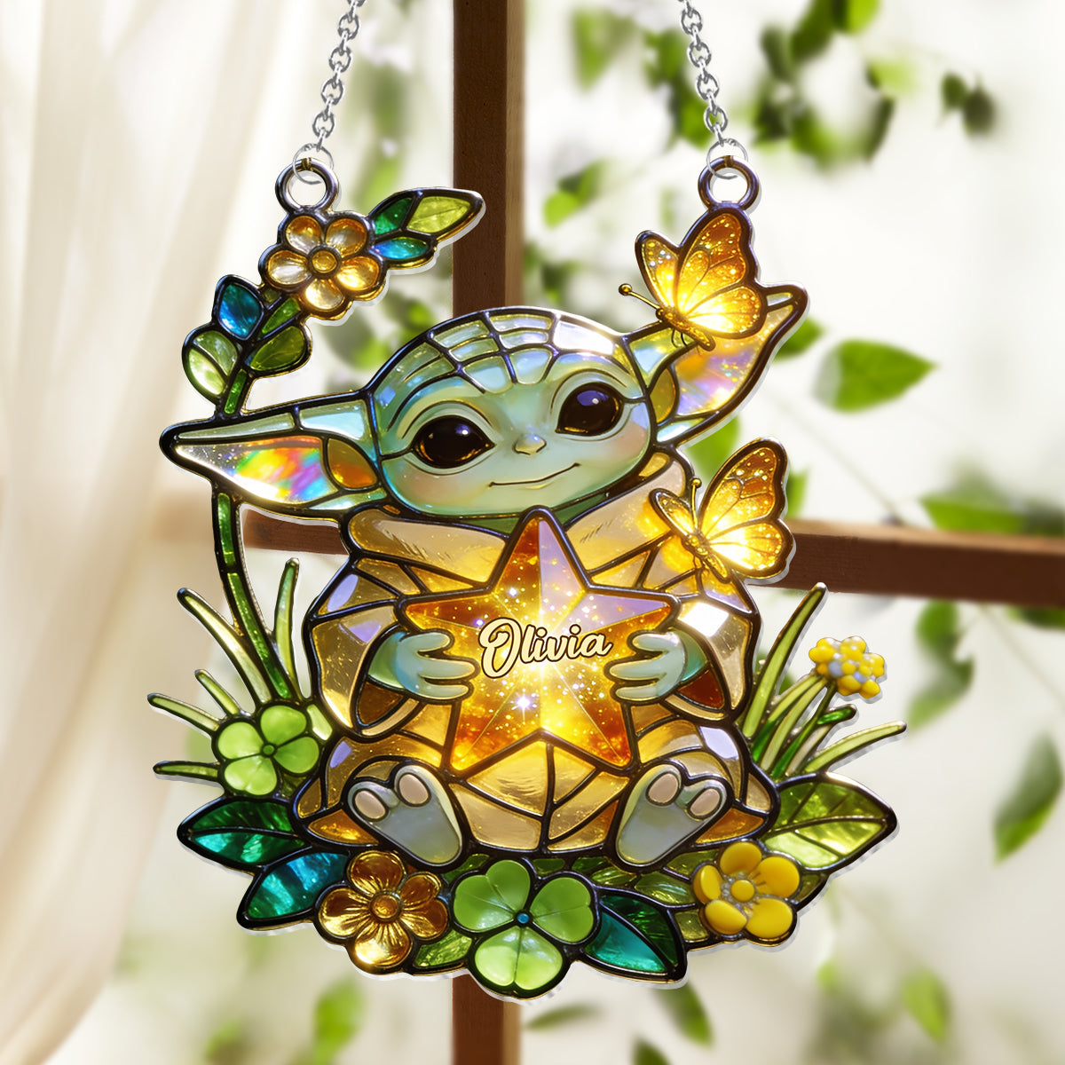 Cute Green Baby - Personalized The Force Window Hanging Suncatcher Ornament