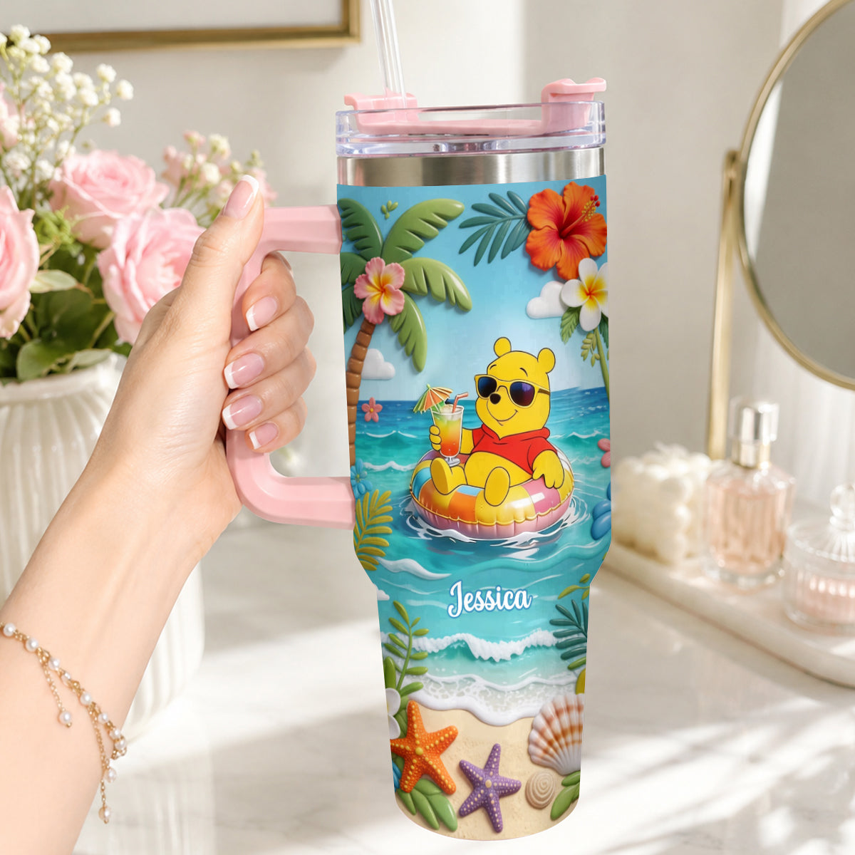 Yellow Bear Summer Vibes - Personalized Yellow Bear Tumbler With Plush Charm