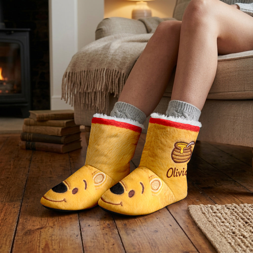Hunny Friend - Personalized Yellow Bear Faux Fur Boot Slippers