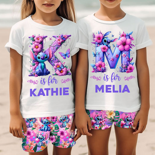 Blue Ohana Alphabet Letter Custom Name - Personalized Ohana Kid T-shirt & Shorts