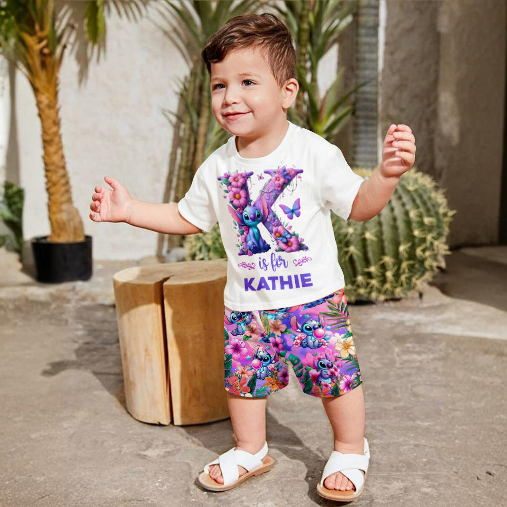 Blue Ohana Alphabet Letter Custom Name - Personalized Ohana Kid T-shirt & Shorts