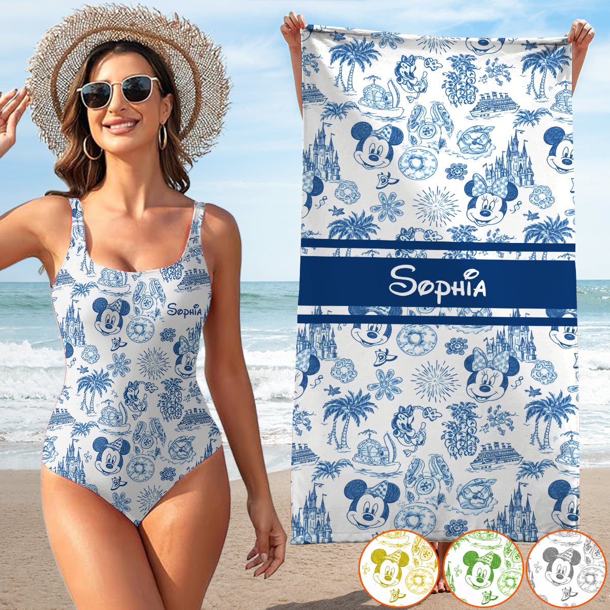 Magical Mouse Ears Pattern - Personalized Mouse Women Swimming Bodysuit & Beach Towel