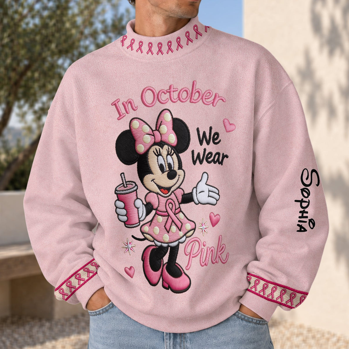 In October We Wear Pink - Personalized Breast Cancer Awareness Mock Neck Sweatshirt