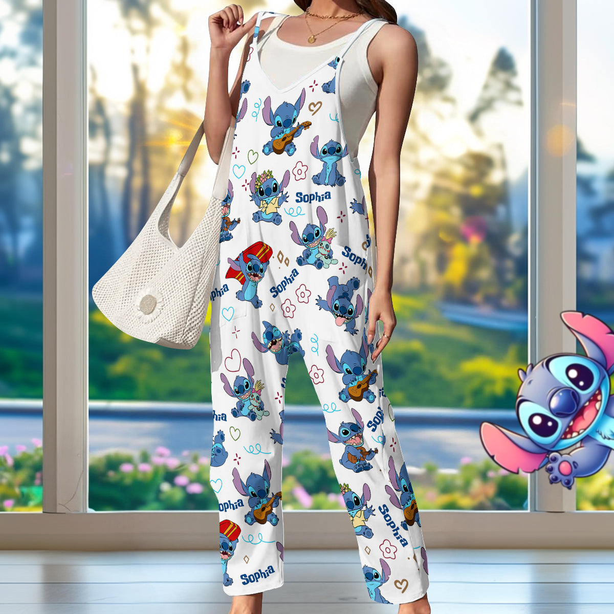 Ohana Alien - Sleeveless Drawstring Jumpsuit With Pockets - Personalized Ohana Loose-Fit Overalls/ Rompers