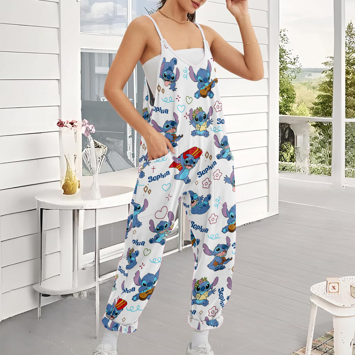 Ohana Alien - Sleeveless Drawstring Jumpsuit With Pockets - Personalized Ohana Loose-Fit Overalls/ Rompers