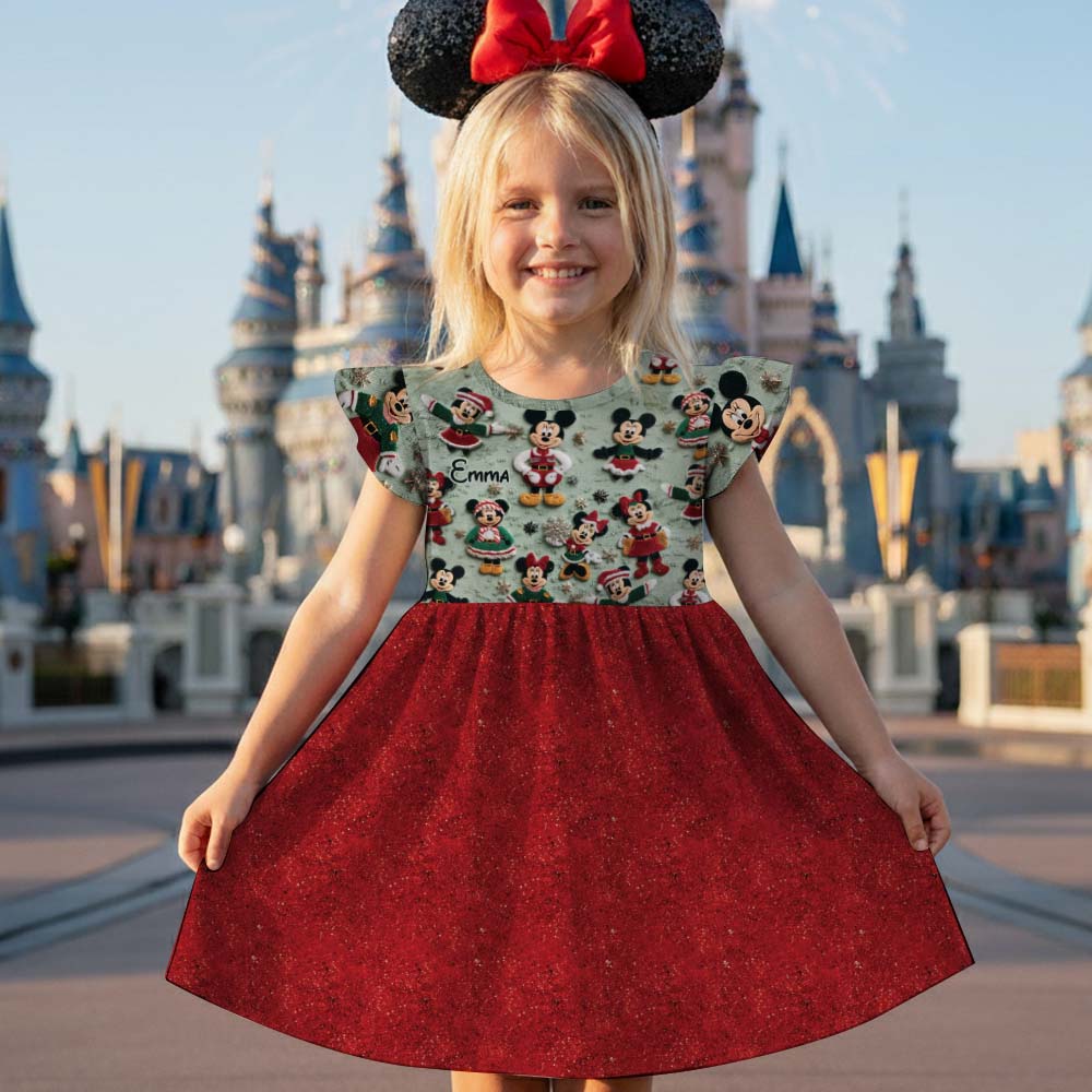 Magical Christmas - Personalized Mouse Kid Ruffle Sleeve Dress