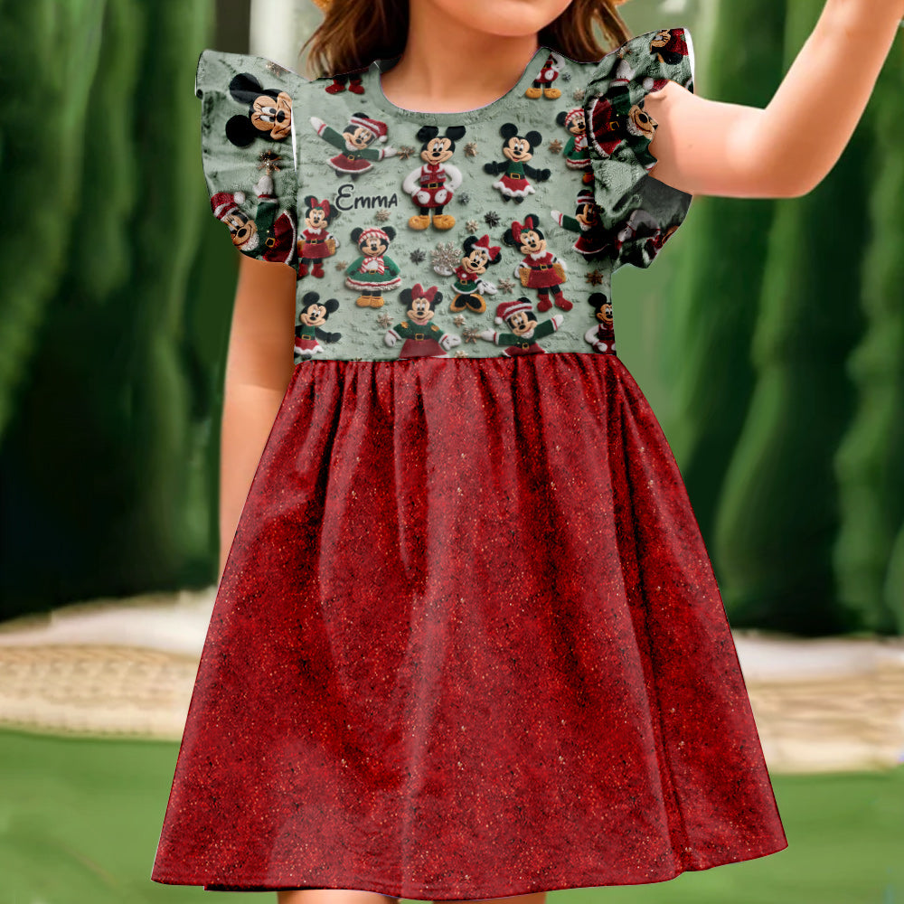 Magical Christmas - Personalized Mouse Kid Ruffle Sleeve Dress