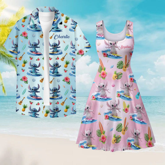 Couple Monster Hawaii Beach Trip - Personalized Ohana Hawaiian Shirt & Sleeveless Dress