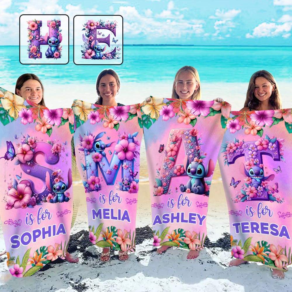 Blue Ohana Alphabet Letter Custom Name - Personalized Ohana Quick-dry Beach Towel/ Bath Towel