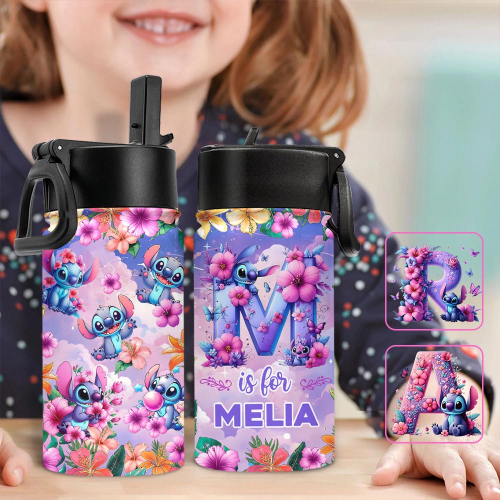 Blue Ohana Alphabet Letter Custom Name - Personalized Ohana Kids Water Bottle