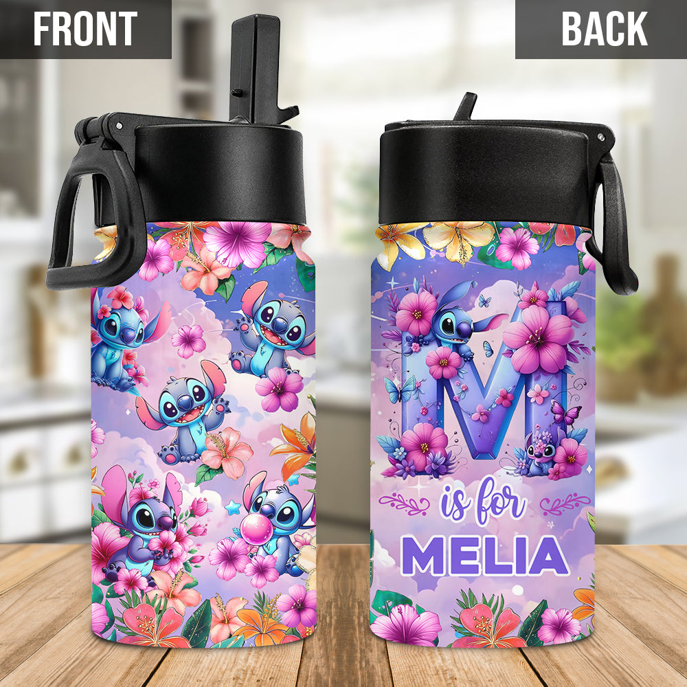 Blue Ohana Alphabet Letter Custom Name - Personalized Ohana Kids Water Bottle