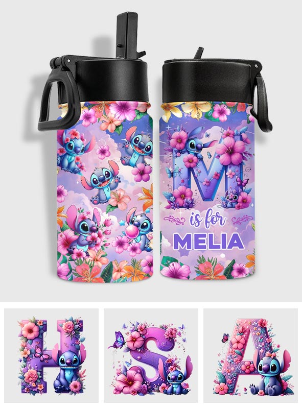 Blue Ohana Alphabet Letter Custom Name - Personalized Ohana Kids Water Bottle