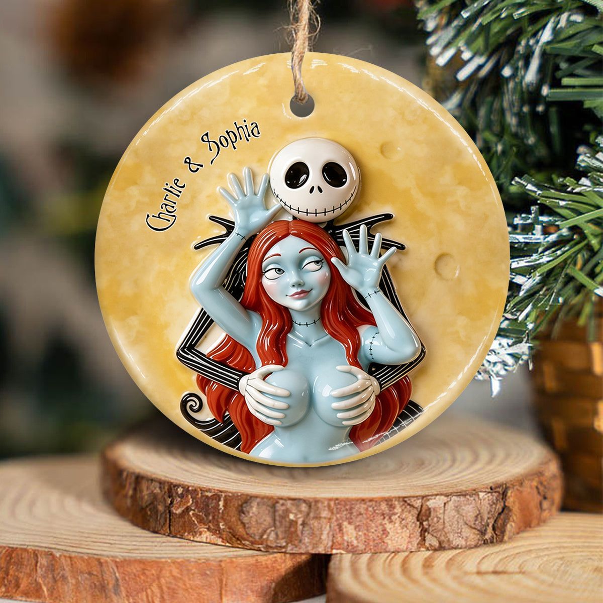Naughty Spooky Couple - Personalized Nightmare Ceramic Circle Ornament