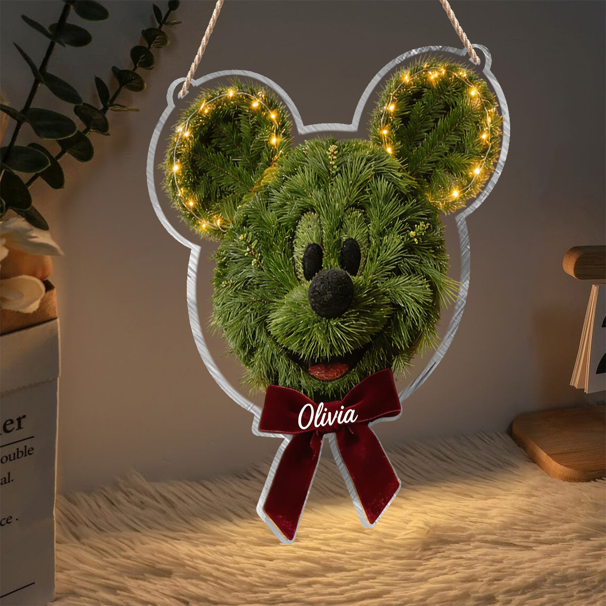 Mouse Ear Wreath Christmas - Personalized Mouse LED Light Acrylic Sign