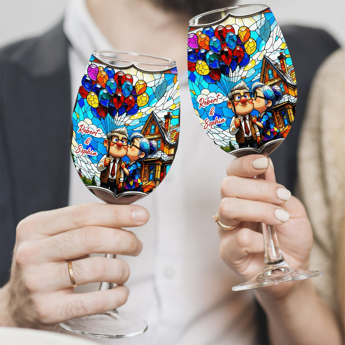 Old Couple Balloon - Personalized Couple Wine Glass With Long Stem