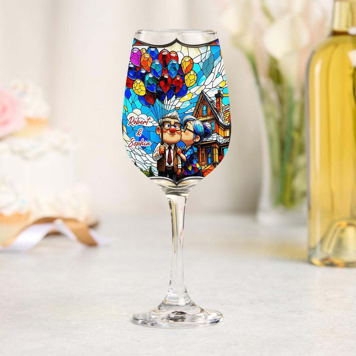 Old Couple Balloon - Personalized Couple Wine Glass With Long Stem