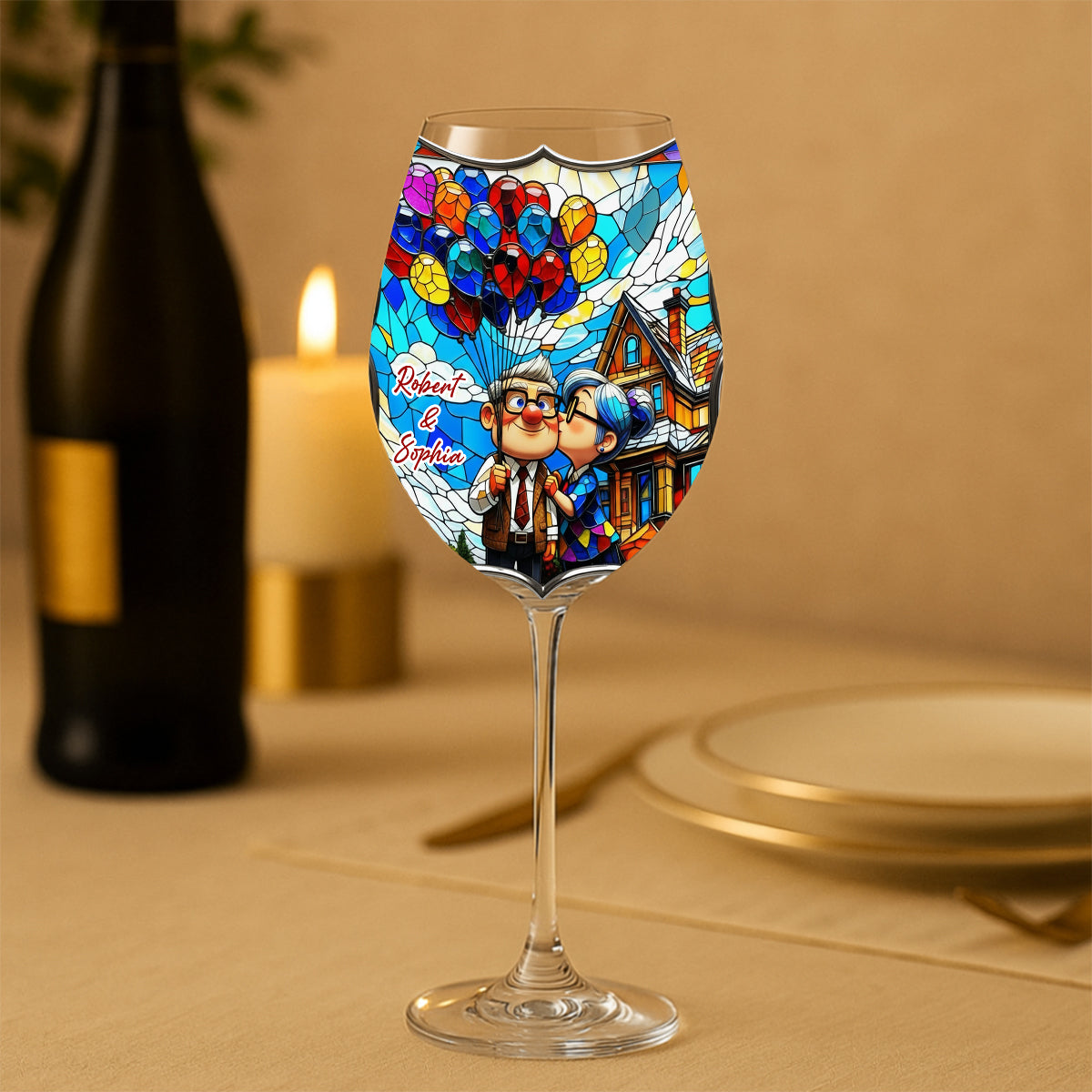 Old Couple Balloon - Personalized Couple Wine Glass With Long Stem