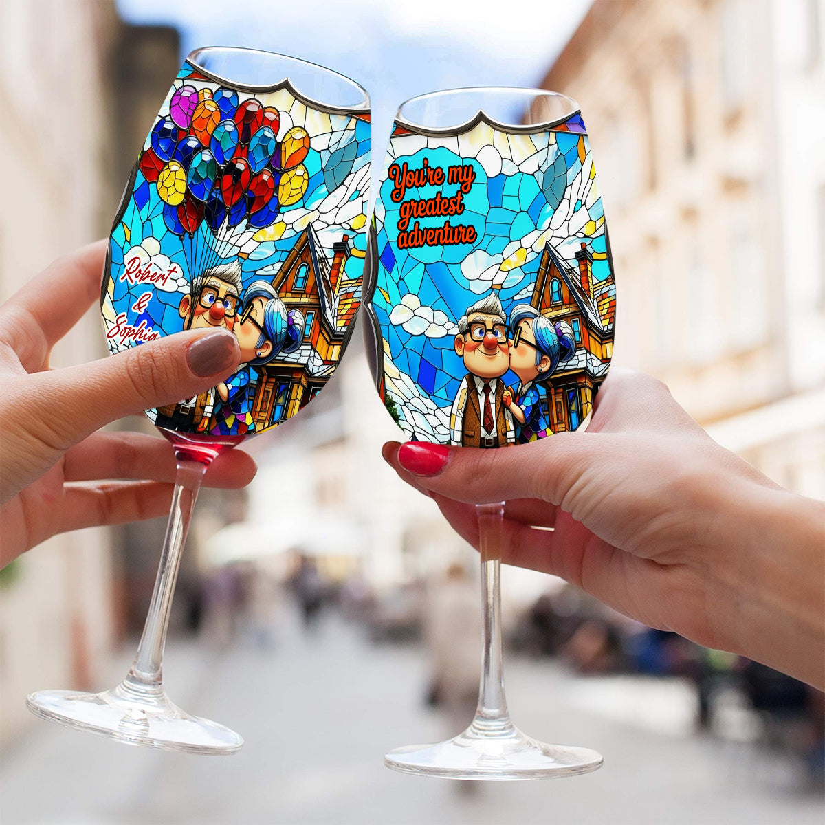 Old Couple Balloon - Personalized Couple Wine Glass With Long Stem