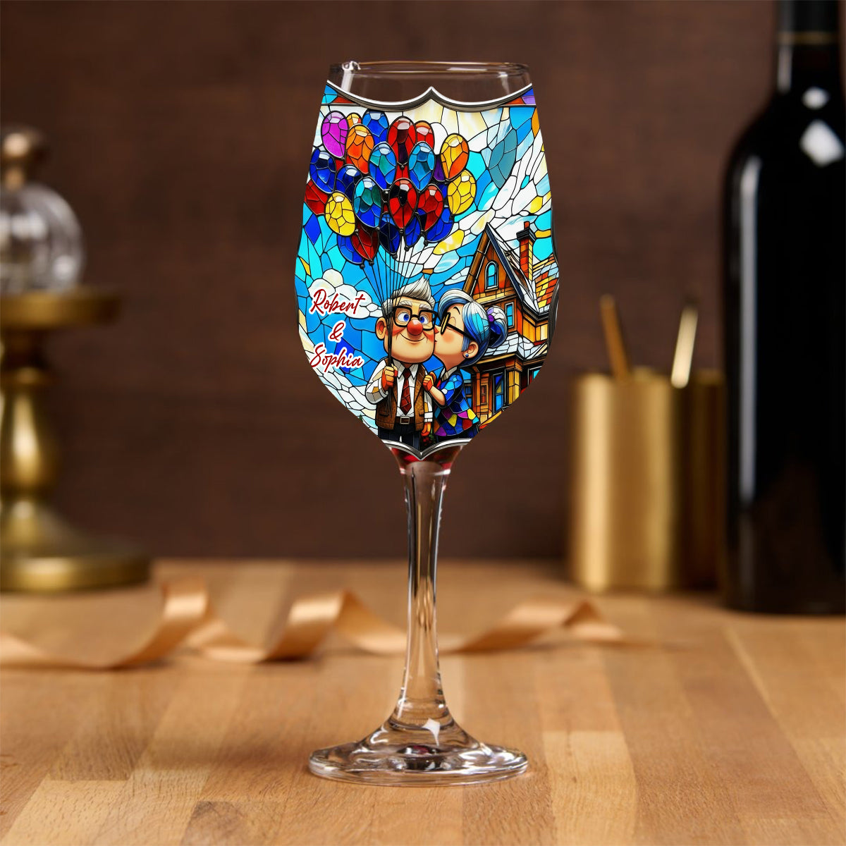Old Couple Balloon - Personalized Couple Wine Glass With Long Stem