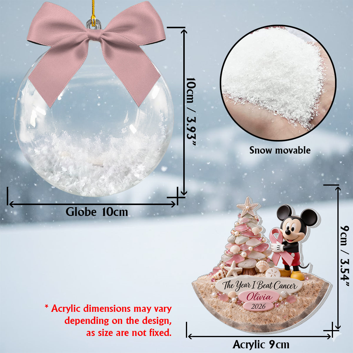The Year I Beat Cancer - Personalized Breast Cancer Awareness Snow Globe Ornament With Bow
