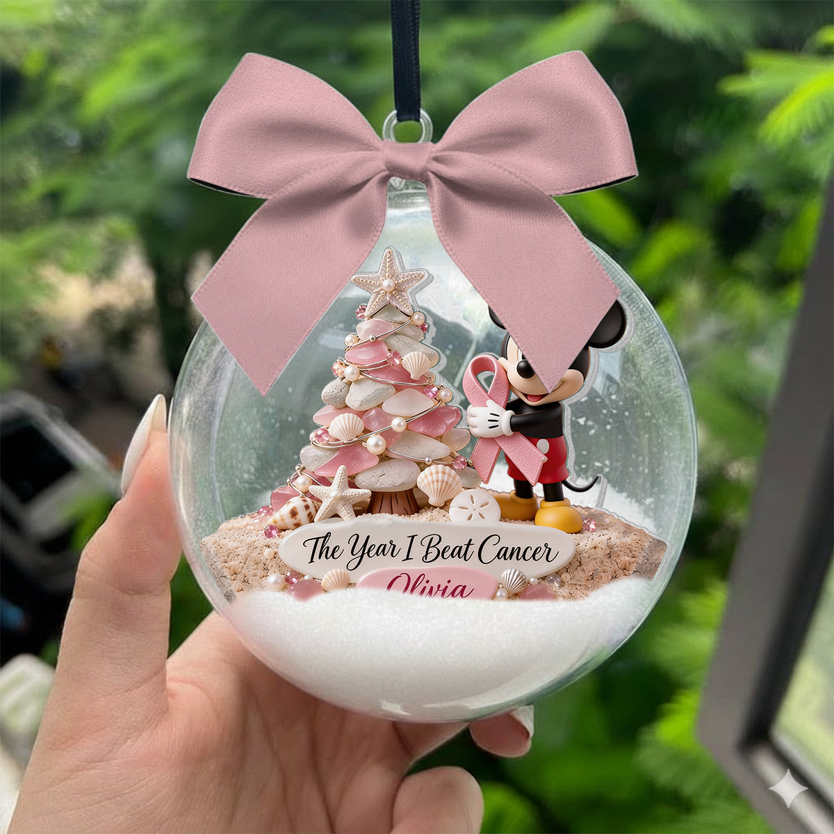 The Year I Beat Cancer - Personalized Breast Cancer Awareness Snow Globe Ornament With Bow