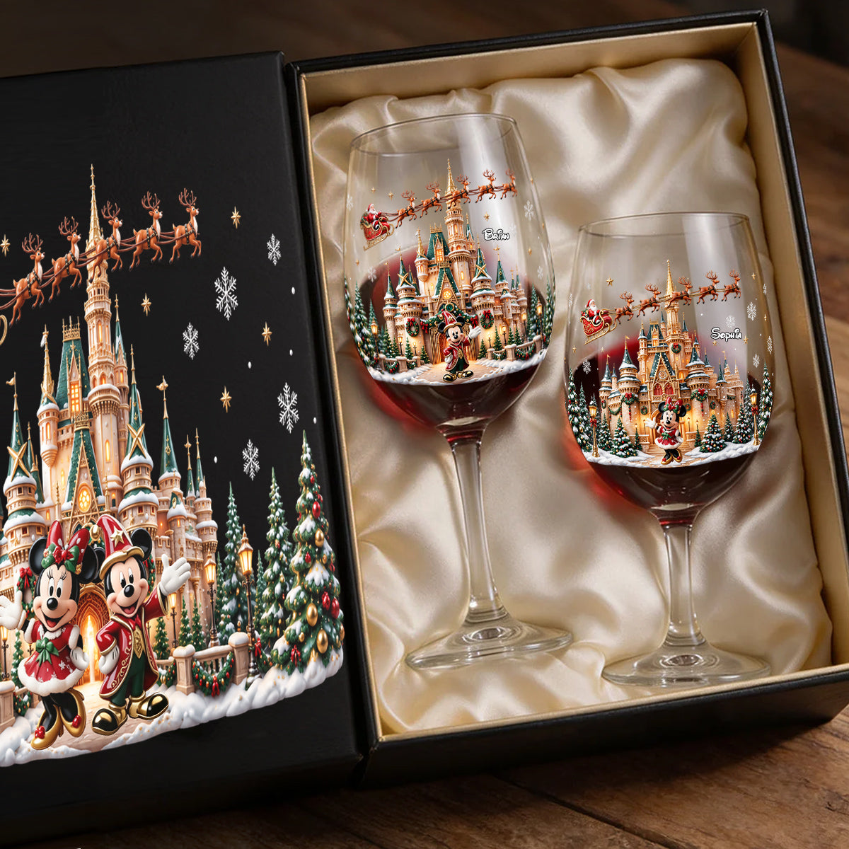 Magical Christmas - Personalized Dream Trip Wine Glasses Set With Wooden Box