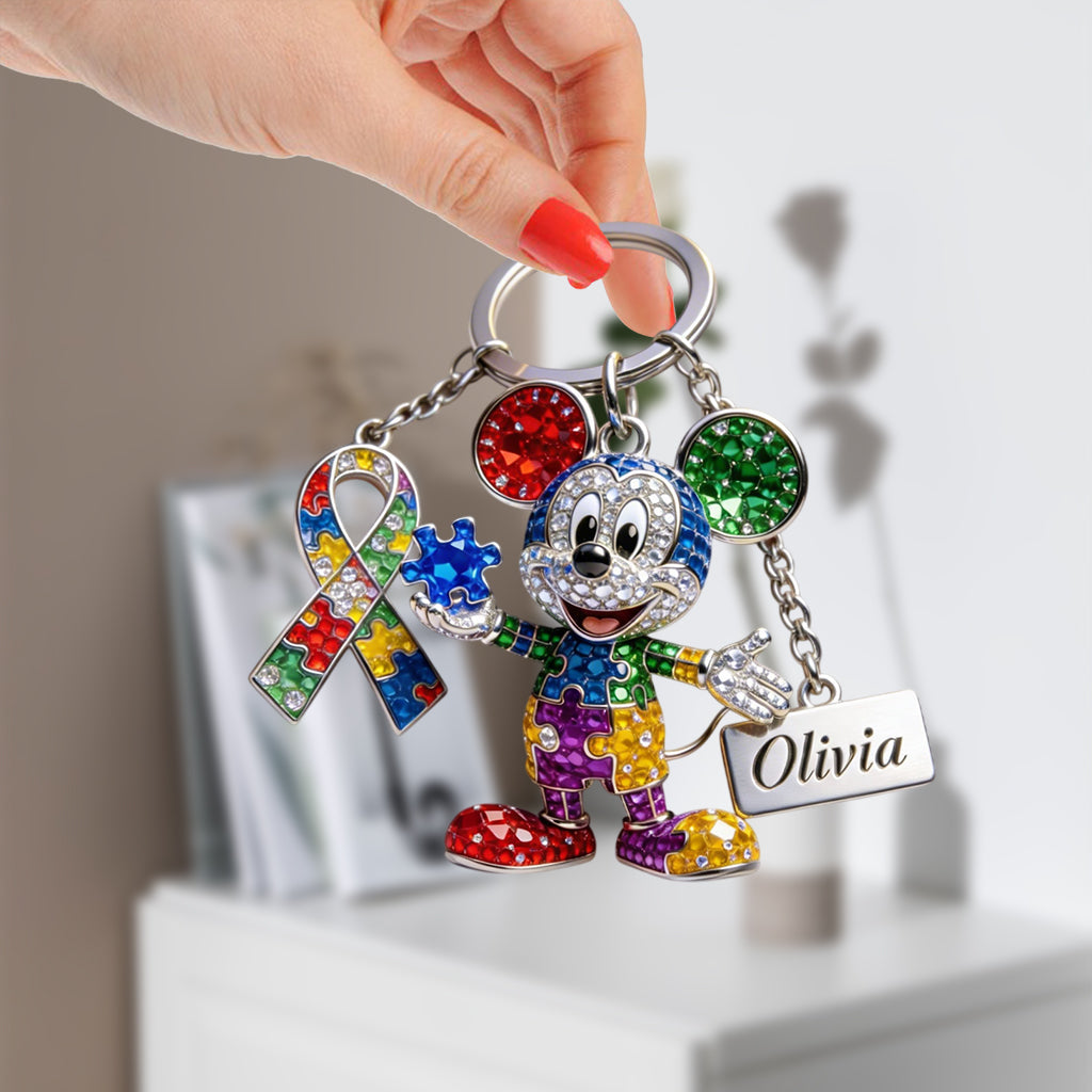 Cute Cartoon Mouse - Personalized Autism Awareness Keychain With Charms