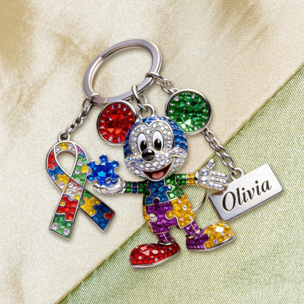 Cute Cartoon Mouse - Personalized Autism Awareness Keychain With Charms