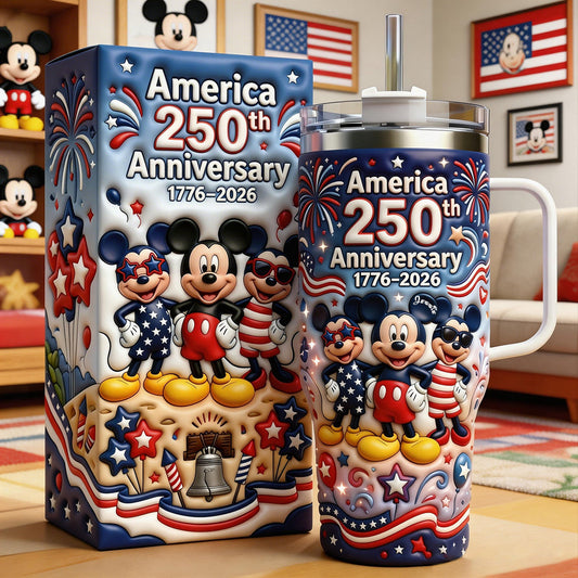 Cute Cartoon Mouse USA 250th Anniversary - Personalized Mouse Tumbler With Handle