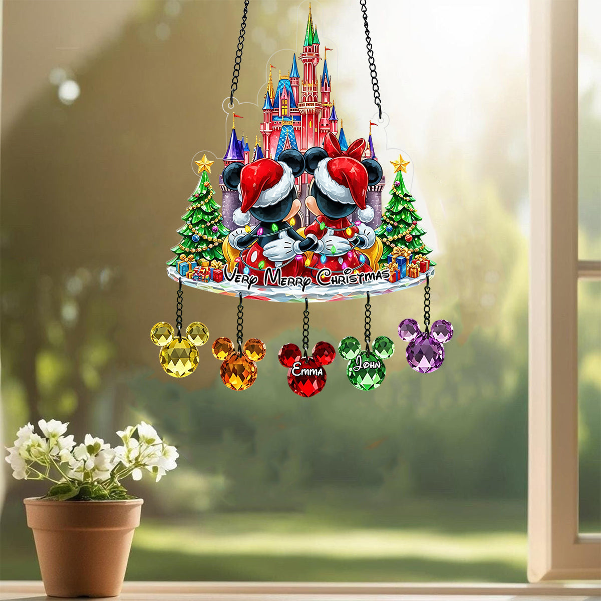 Very Merry Christmas - Personalized Mouse Window Hanging Suncatcher With Charms