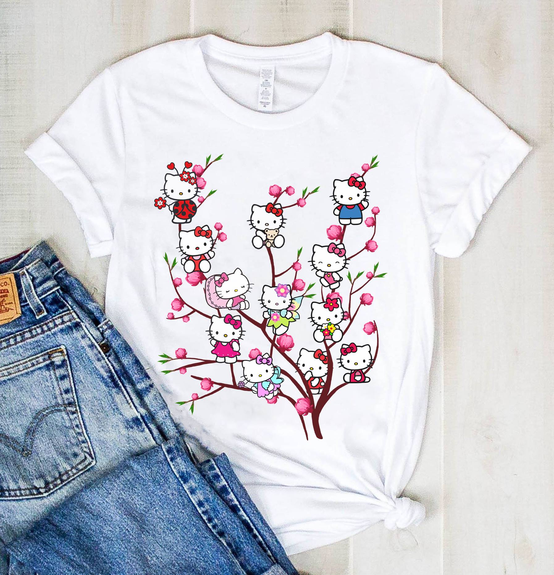 Pink Flowers White Kitten T-shirt and Hoodie 0823