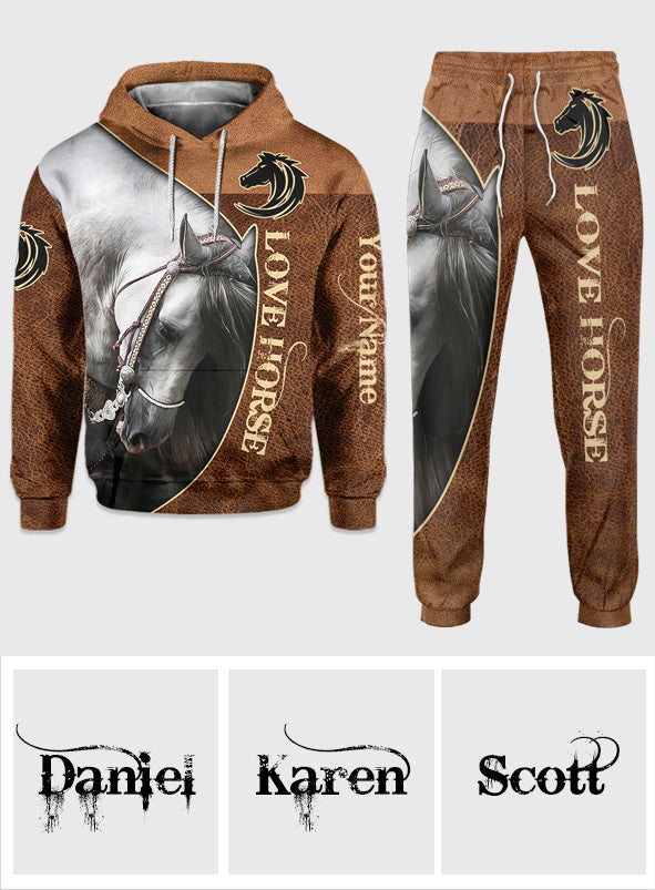 Love Horses - Personalized Horse Hoodie and Sweatpants With Leather Pattern Print