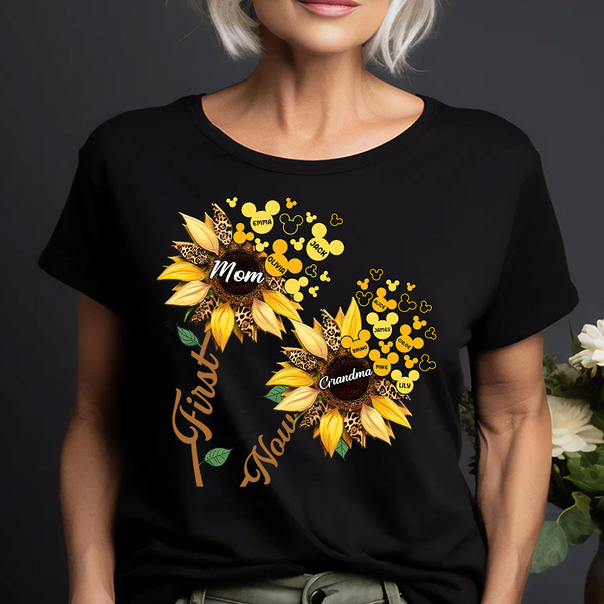 First Mom Now Grandma Sunflower Mouse Ears - Personalized Grandma T-shirt And Hoodie