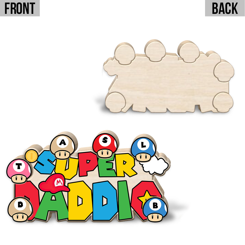 Super Daddio Mommio Baby Mushroom - Personalized Super Plumber Shaped Wooden Puzzle