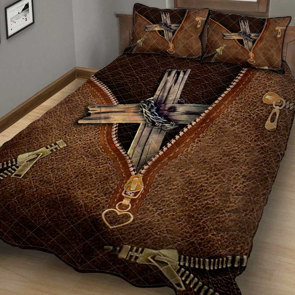 Faith Over Fear Leather Pattern Print Christian Quilt Set 0622