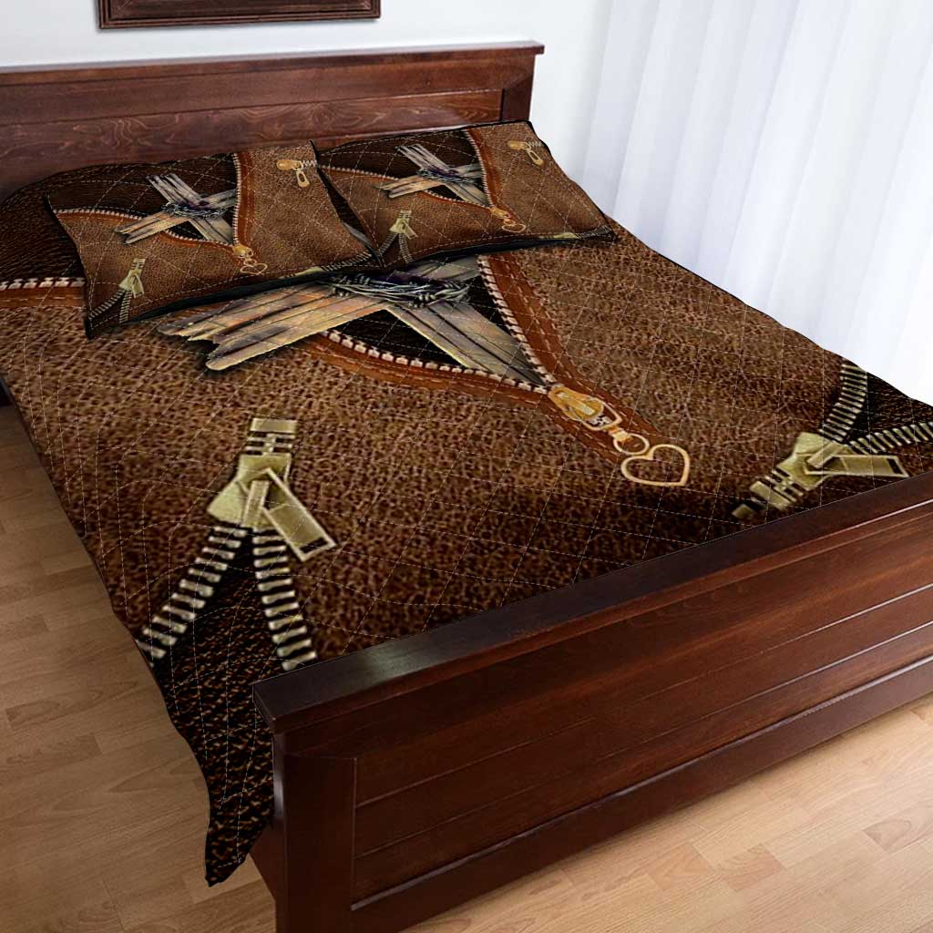 Faith Over Fear Leather Pattern Print Christian Quilt Set 0622