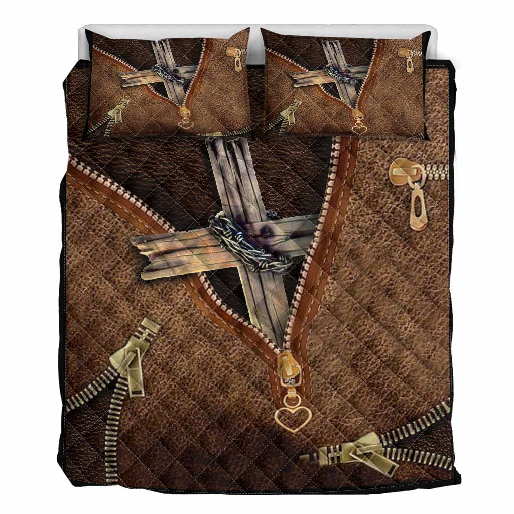 Faith Over Fear Leather Pattern Print Christian Quilt Set 0622