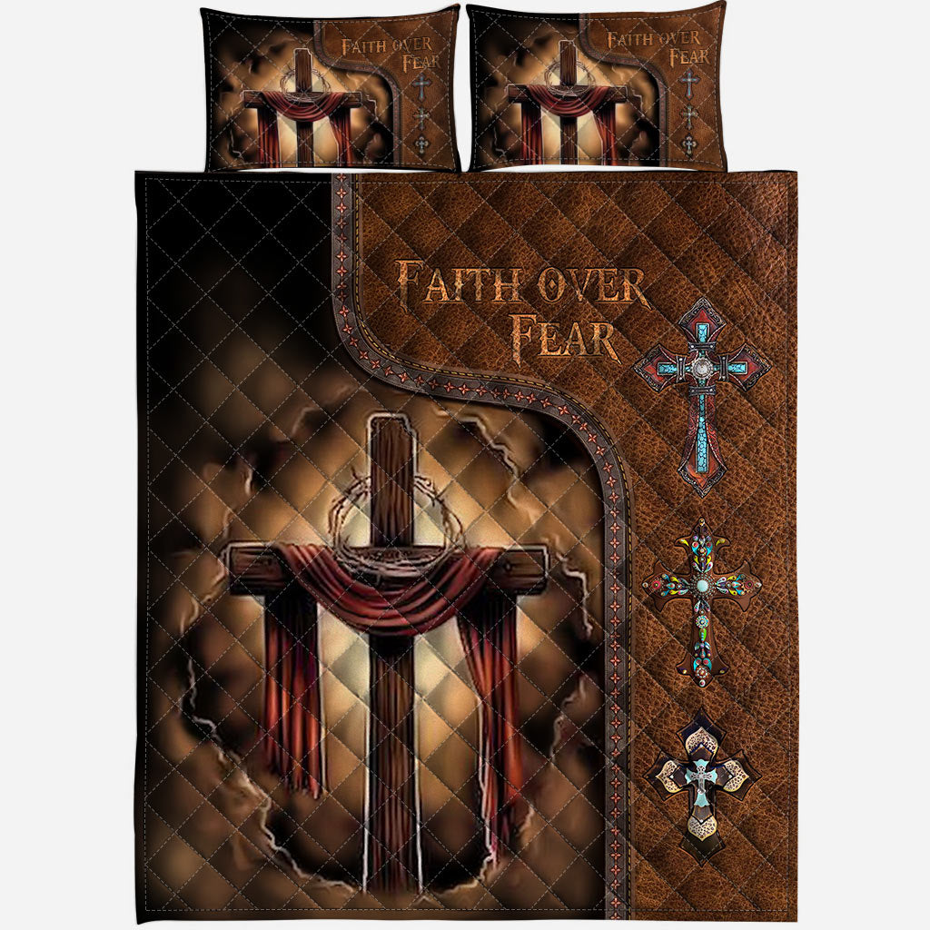 Faith Over Fear Leather Pattern Print Christian Quilt Set 0622