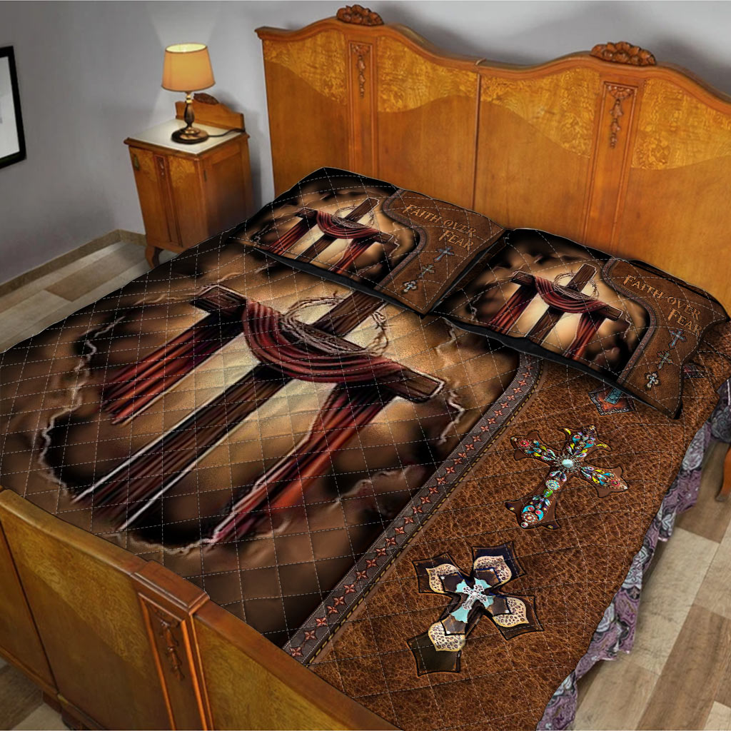 Faith Over Fear Leather Pattern Print Christian Quilt Set 0622