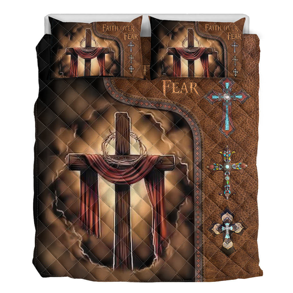 Faith Over Fear Leather Pattern Print Christian Quilt Set 0622