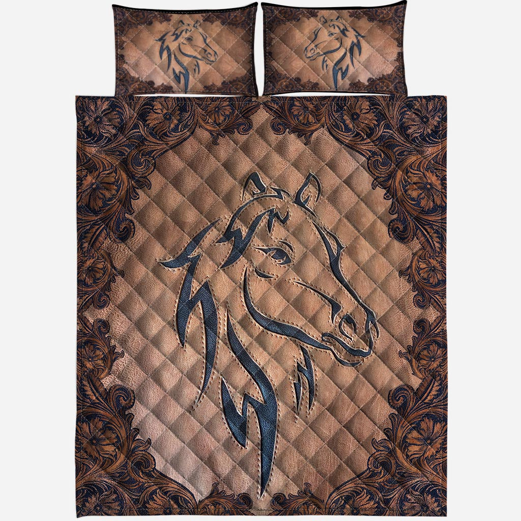 Love Horses Leather Pattern Print Horse Quilt Set 0622