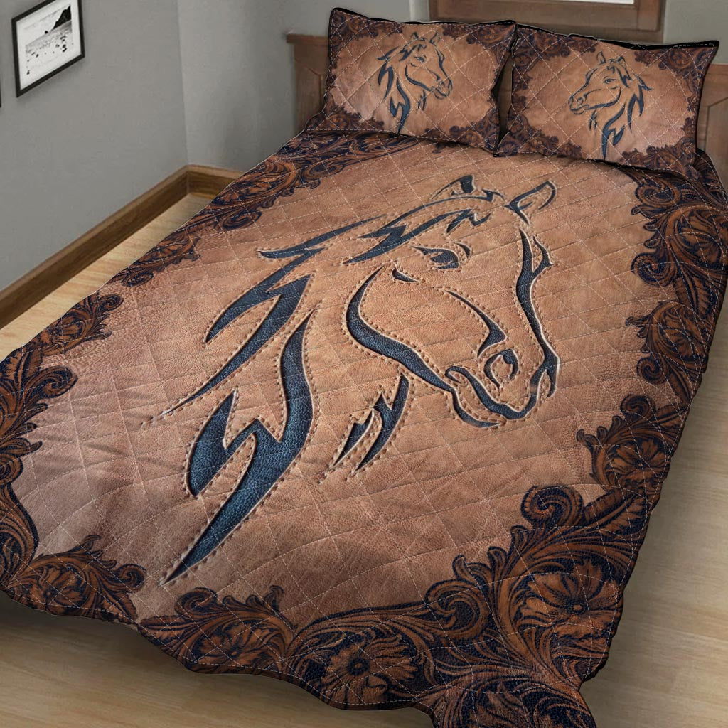 Love Horses Leather Pattern Print Horse Quilt Set 0622