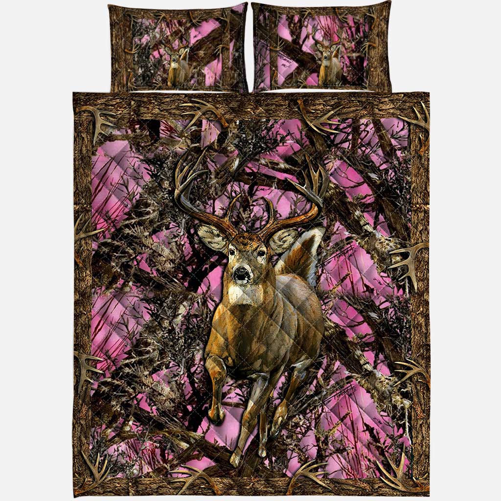 Pink Camo Deer Hunting Hunting  Quilt Set 0622