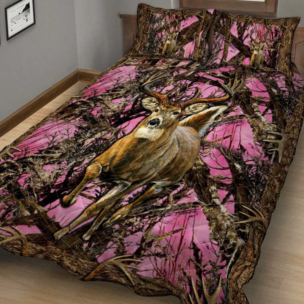 Pink Camo Deer Hunting Hunting  Quilt Set 0622
