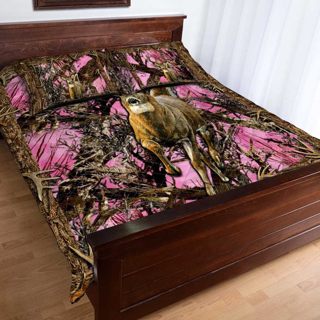 Pink Camo Deer Hunting Hunting  Quilt Set 0622