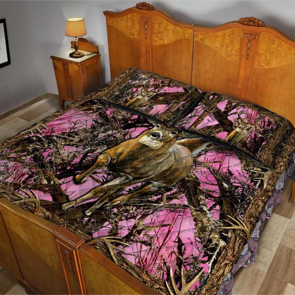 Pink Camo Deer Hunting Hunting  Quilt Set 0622
