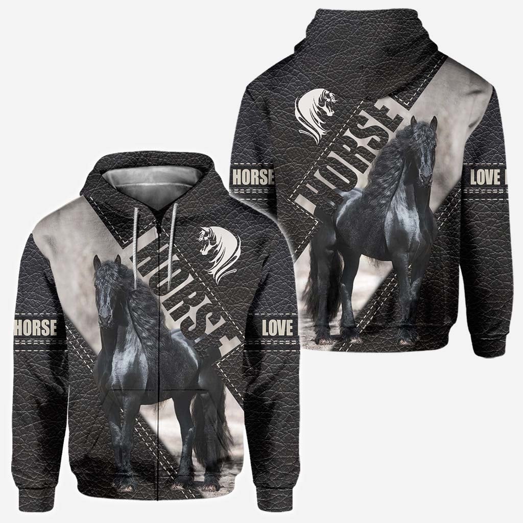 Riding Black Horse All Over T-shirt and Hoodie With Leather Print 0921